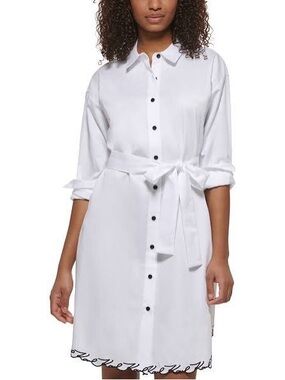 Karl Lager White Button-Front Shirt Dress with Waist Tie